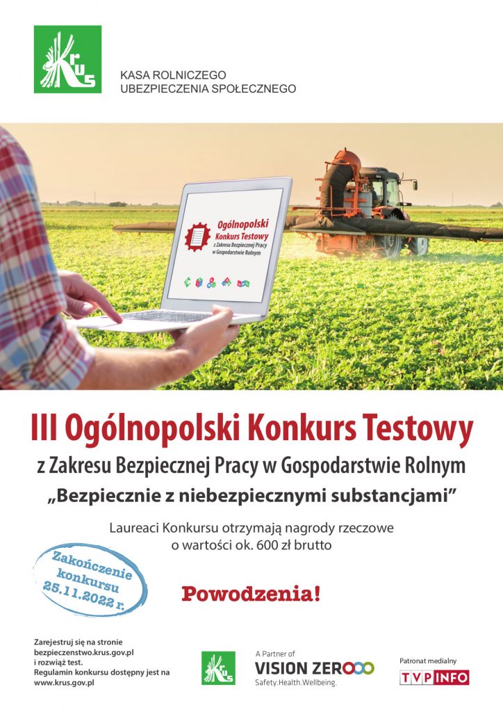 Plakat III Ogólnopolskiego Konkursu Testowego z Zakresu Bezpiecznej Pracy w Gospodarstwie Rolnym