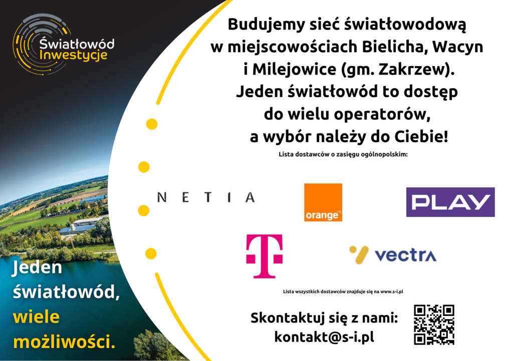Plakat informujący o budowie sieci światłowodowej w miejscowościach Bielicha, Wacyn i Milejowice przez firmę Światłowód Inwestycje