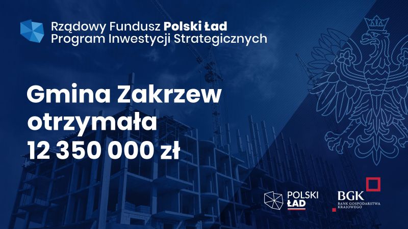 Baner informujący o dofinansowaniu z Rządowego Funduszu Polski Ład.
Gmina Zakrzew otrzymała 12350000zł