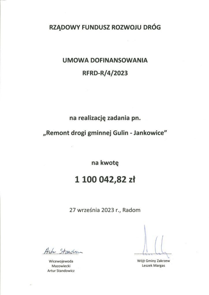 Dokument przekazania dofinansowania na realizację zadania "Remont drogi gminnej Gulin - Jankowice". Dofinansowanie w kwocie: 1 100 042,82 zł