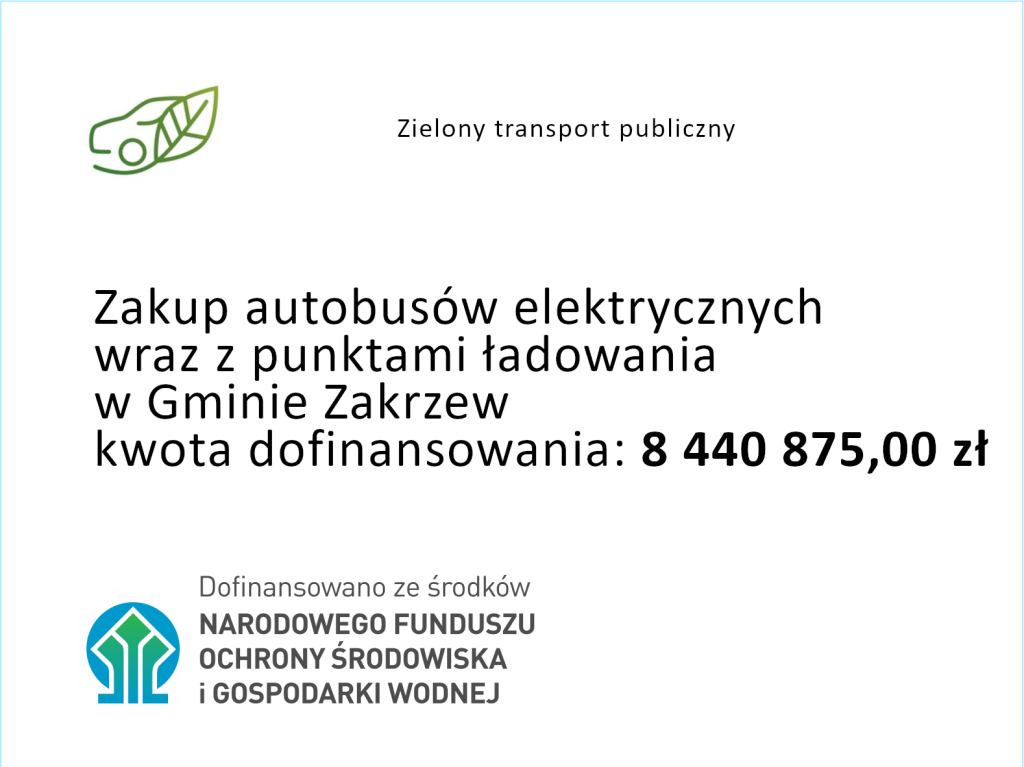 Tablica informacyjna na zakup autobusów elektrycznych wraz z punktami ładowania w Gminie Zakrzew. Kwota dofinansowania 8440875,00 zł