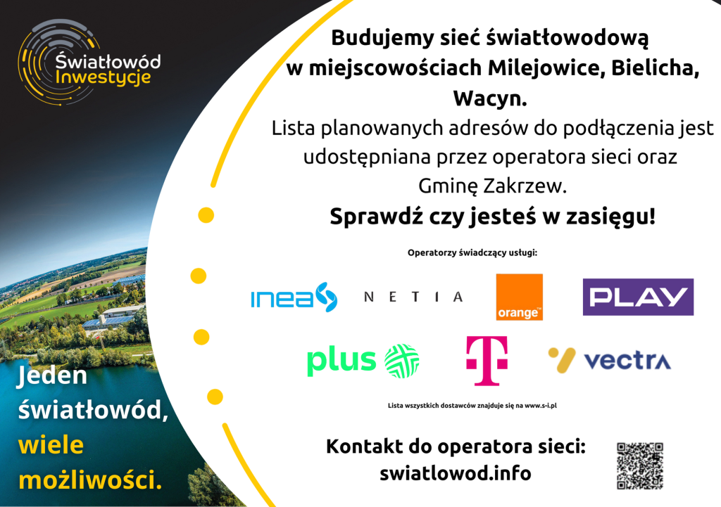 Plakat informacyjny - budowa sieci światłowodowej w miejscowościach Milejowice, Bielicha, Wacyn. Inwestycję wykonuje firma Światłowód Inwestycje.