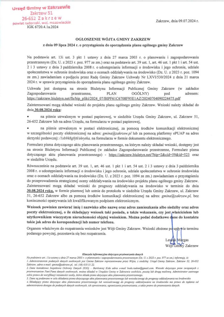 Ogłoszenie Wójta Gminy Zakrzew z 9 lipca 2024 r. o przystąpieniu do sporządzenia planu ogólnego gminy Zakrzew
