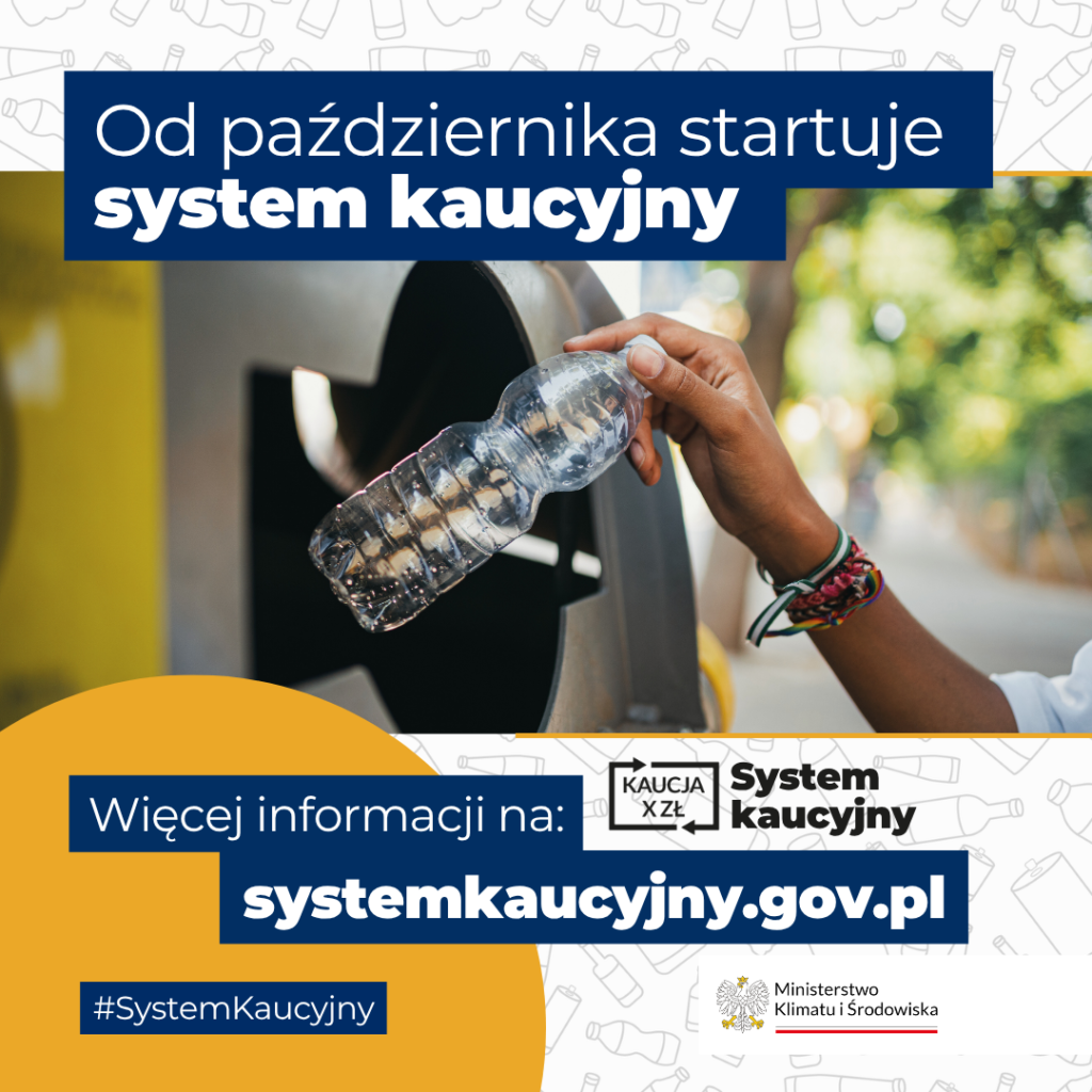 Ręka wrzucająca  nieuszkodzoną butelkę do automatu, tekst(od października startuje system kaucyjny, logo "kaucja x zł" 