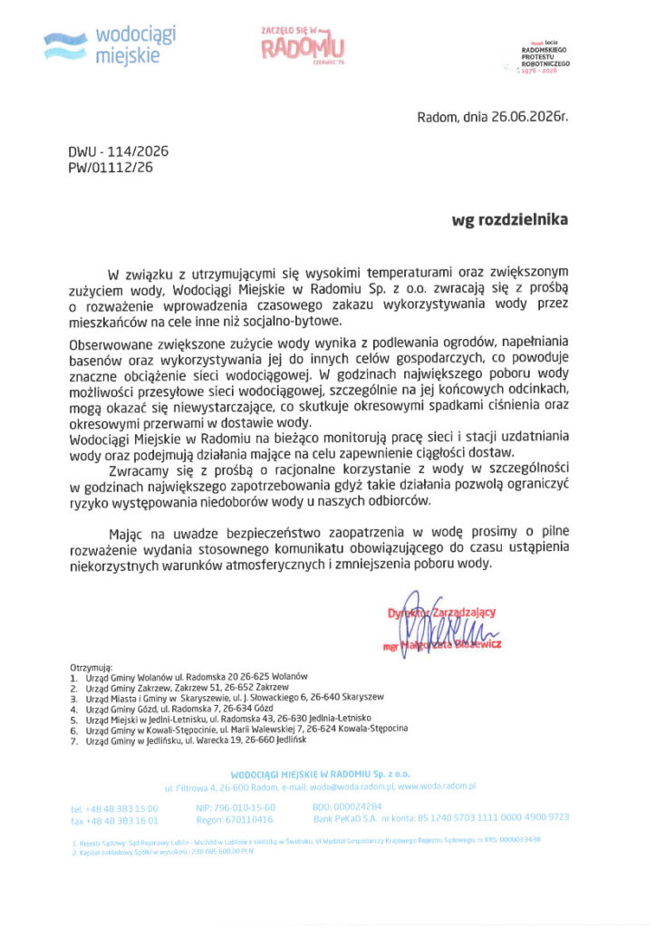 Komunikat Wodociągów Miejskich w Radomiu odnośnie ograniczenia zużycia wody.