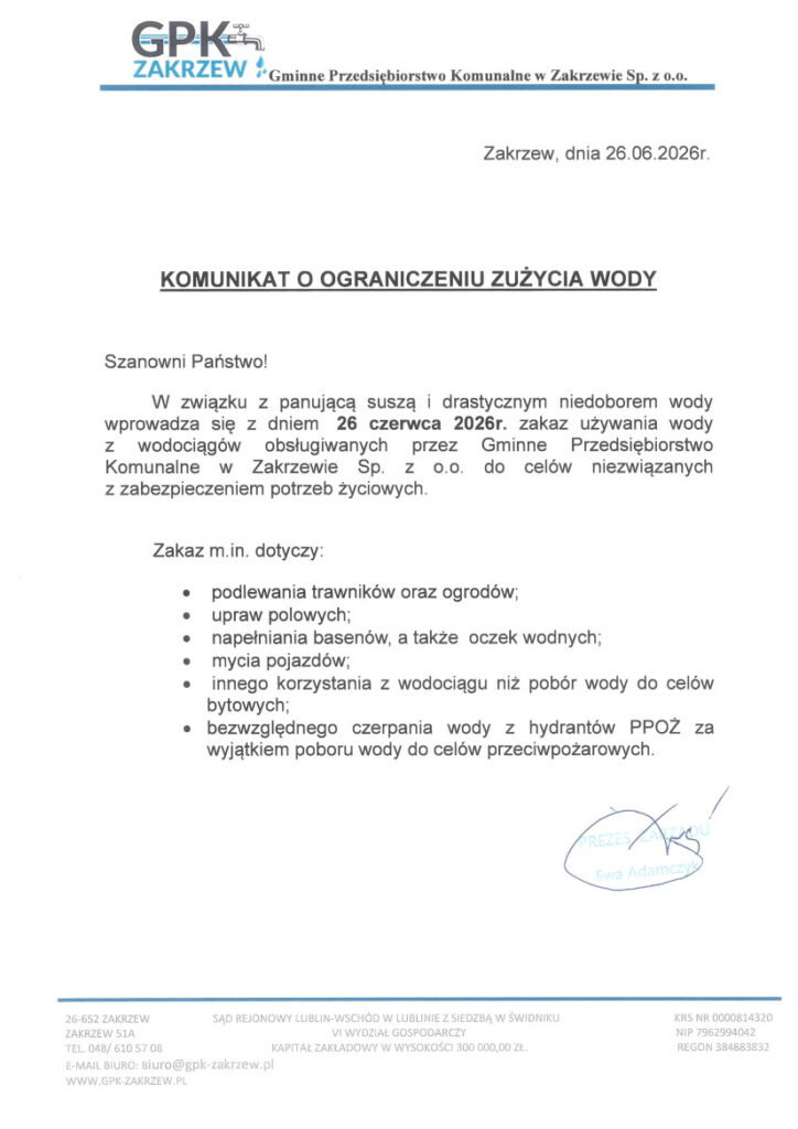Komunikat Gminnego Przedsiębiorstwa Komunalnego w Zakrzewie odnośnie ograniczenia zużycia wody.