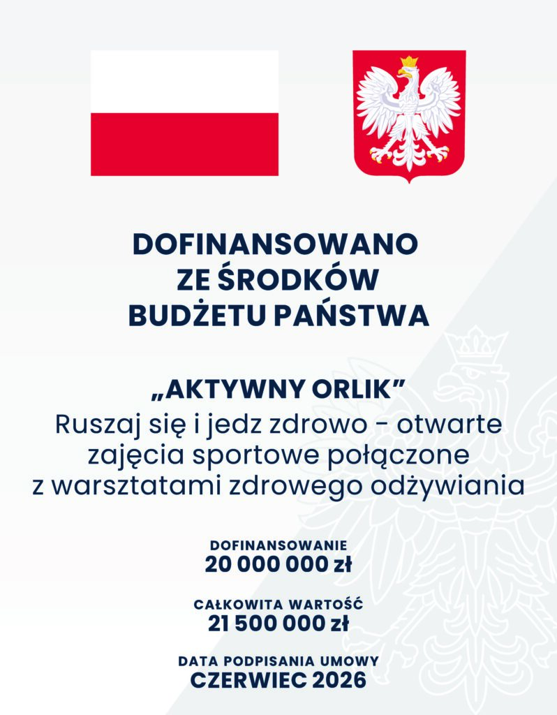 Aktywny Orlik 2026 – sport, integracja i zdrowe nawyki. Flaga Polski, herb Gminy Zakrzew. Dofinansowano ze środków budżetu państwa "Aktywny Orlik" Ruszaj się i jedz zdrowo - otwarte zajęcia sportowe połączone z warsztatami zdrowego odżywiania. Dofinansowanie 20 000 000 zł Całkowita wartość 21 500 000 zł Data podpisania umowy czerwiec 2026