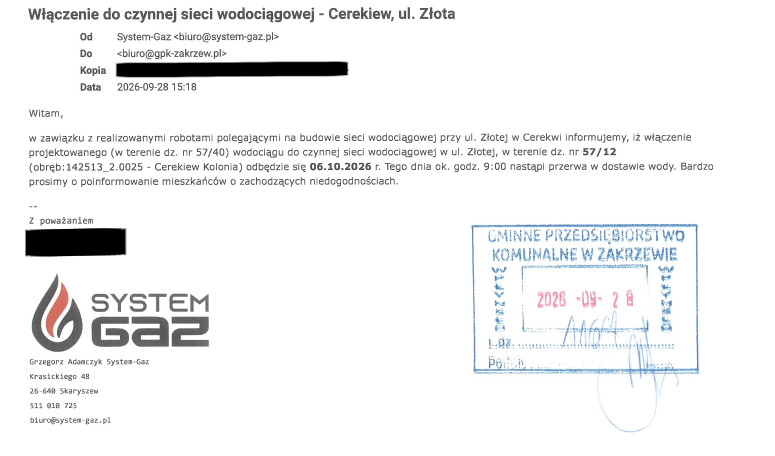 Ogłoszeni firmy System Gaz o przewie w dostawie wody ma ul Złotej w Cerekwi w dniu 6.10.2026 r.